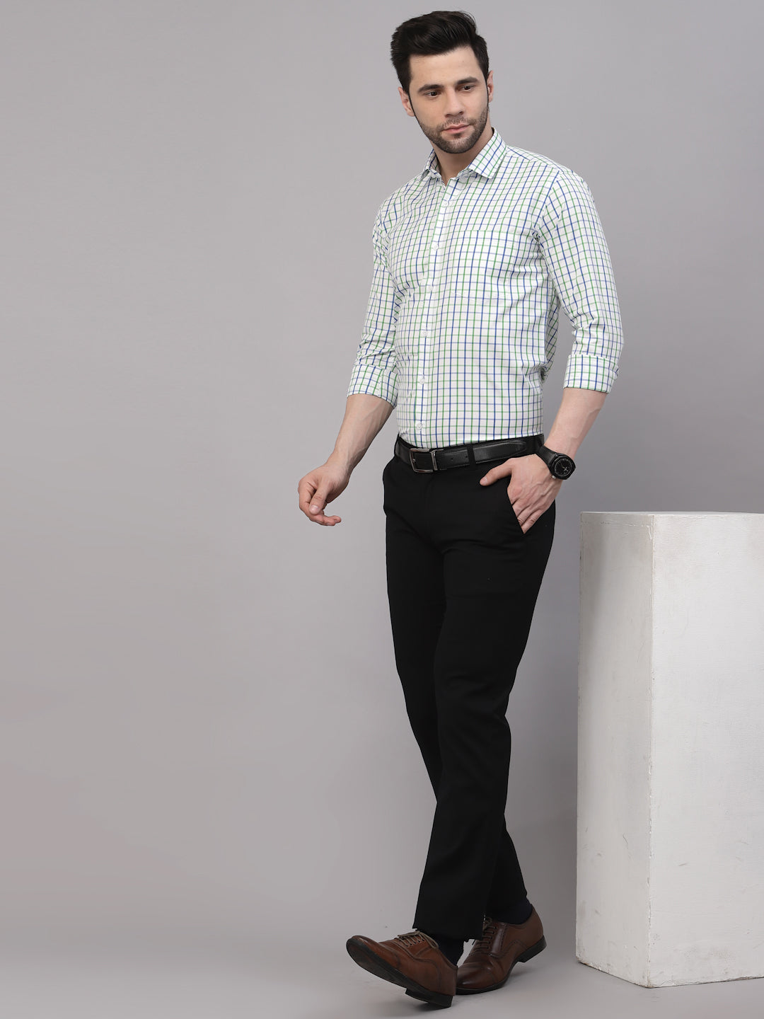 Style Quotient Men White And Green Checks Yarn Dyed PolyCotton Regular Formal Shirt-Mens Shirt-StyleQuotient