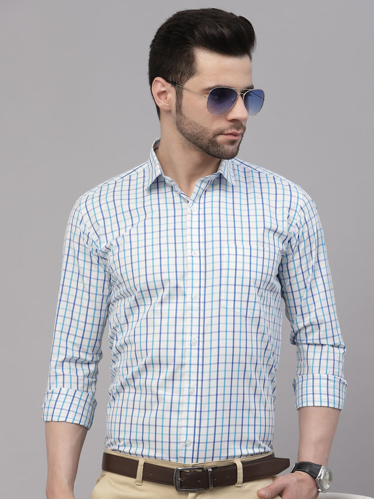Style Quotient Men White And Turquoise Checks Yarn Dyed PolyCotton Regular Formal Shirt-Mens Shirt-StyleQuotient