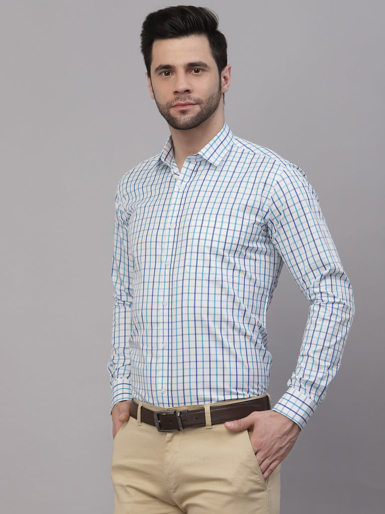 Style Quotient Men White And Turquoise Checks Yarn Dyed PolyCotton Regular Formal Shirt-Mens Shirt-StyleQuotient