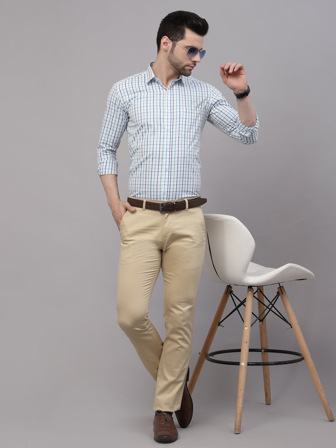 Style Quotient Men White And Turquoise Checks Yarn Dyed PolyCotton Regular Formal Shirt-Mens Shirt-StyleQuotient