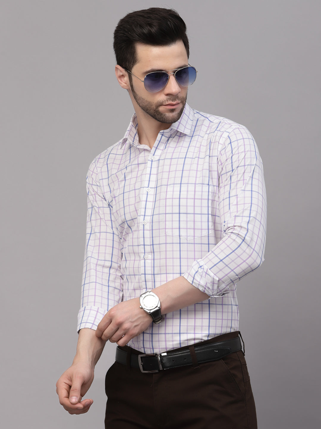 Style Quotient Men White And Lilac Checks Yarn Dyed PolyCotton Regular Formal Shirt-Mens Shirt-StyleQuotient