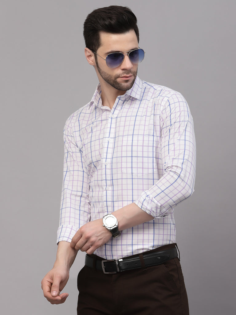 Style Quotient Men White And Lilac Checks Yarn Dyed PolyCotton Regular Formal Shirt-Mens Shirt-StyleQuotient