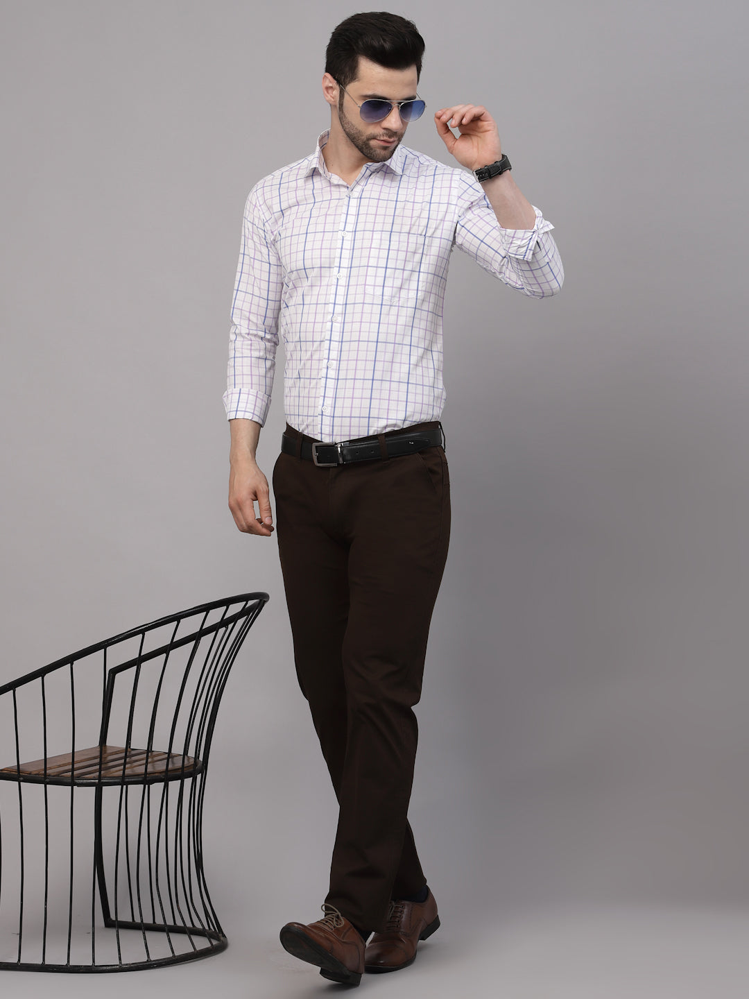 Style Quotient Men White And Lilac Checks Yarn Dyed PolyCotton Regular Formal Shirt-Mens Shirt-StyleQuotient