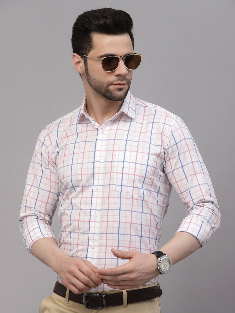 Style Quotient Men White And Peach Checks Yarn Dyed PolyCotton Regular Formal Shirt-Mens Shirt-StyleQuotient