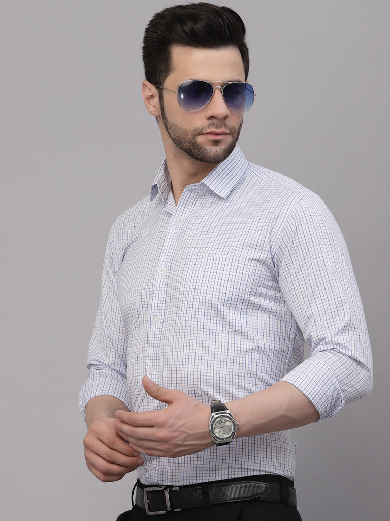 Style Quotient Men White and Lilac Checks Yarn Dyed PolyCotton Regular Formal Shirt-Mens Shirt-StyleQuotient