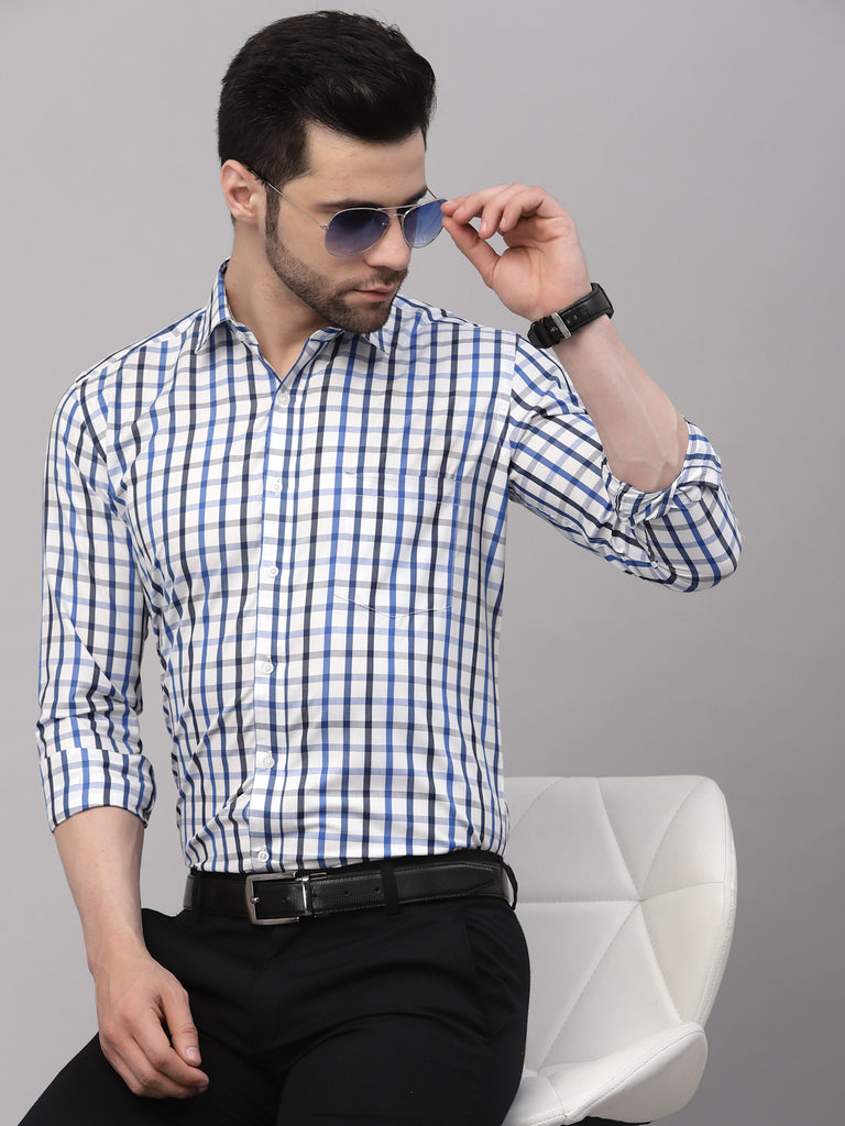 Style Quotient Men White And Royal Blue Checks Yarn Dyed PolyCotton Regular Formal Shirt-Mens Shirt-StyleQuotient