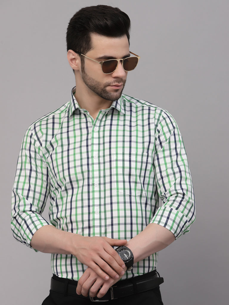 Style Quotient Men White And Bottle Green Checks Yarn Dyed PolyCotton Regular Formal Shirt-Mens Shirt-StyleQuotient
