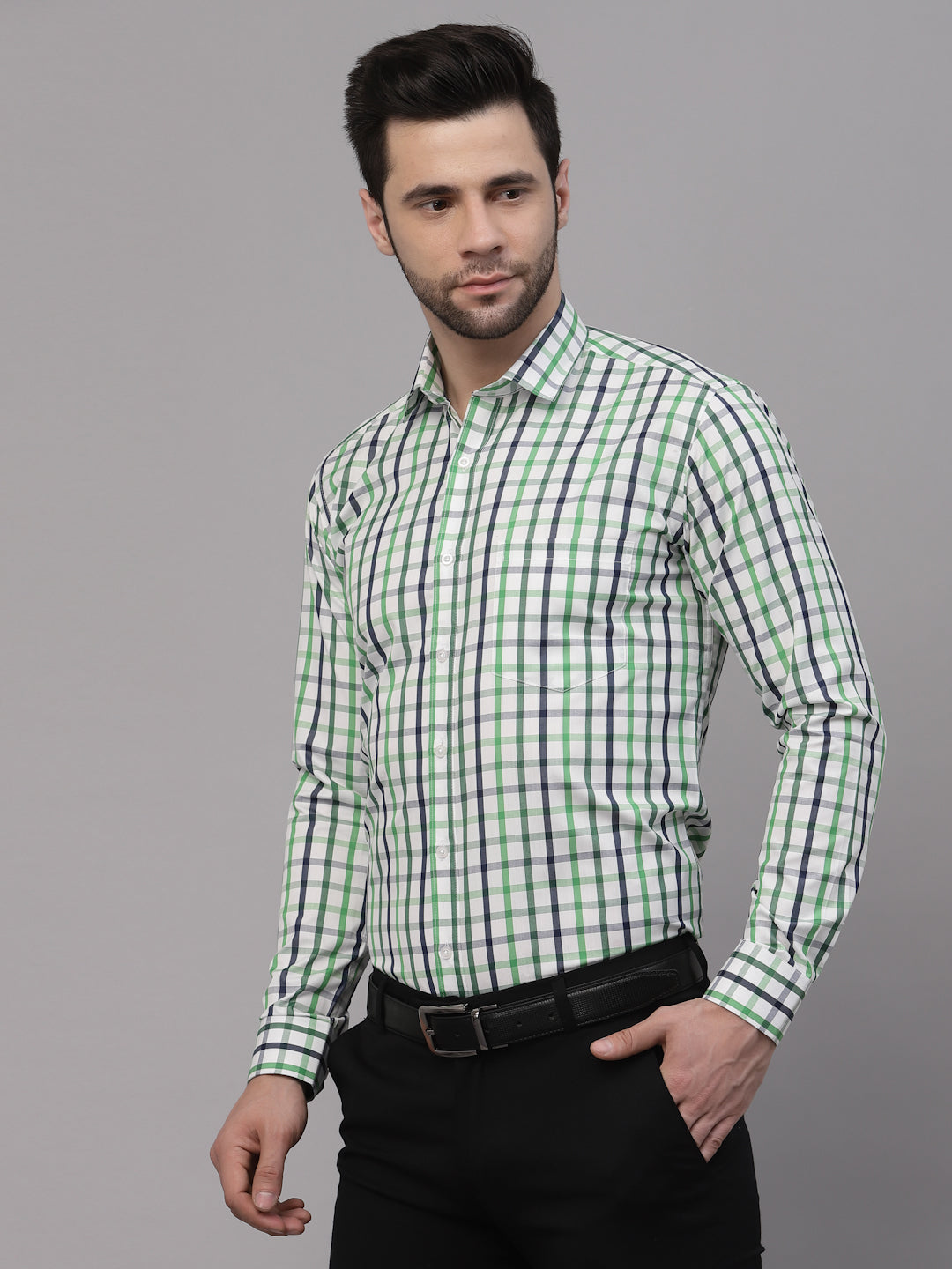 Style Quotient Men White And Bottle Green Checks Yarn Dyed PolyCotton Regular Formal Shirt-Mens Shirt-StyleQuotient