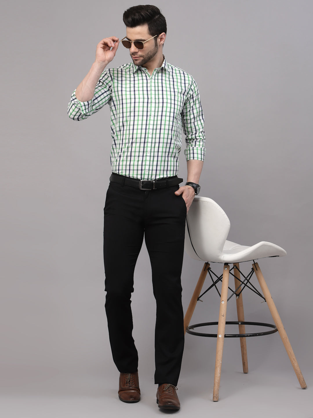 Style Quotient Men White And Bottle Green Checks Yarn Dyed PolyCotton Regular Formal Shirt-Mens Shirt-StyleQuotient