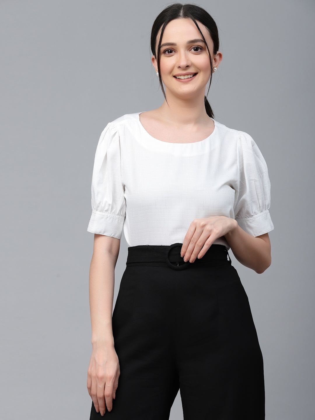 Style Quotient Women White Solid Polyester Regular Smart Casual Top-Tops-StyleQuotient