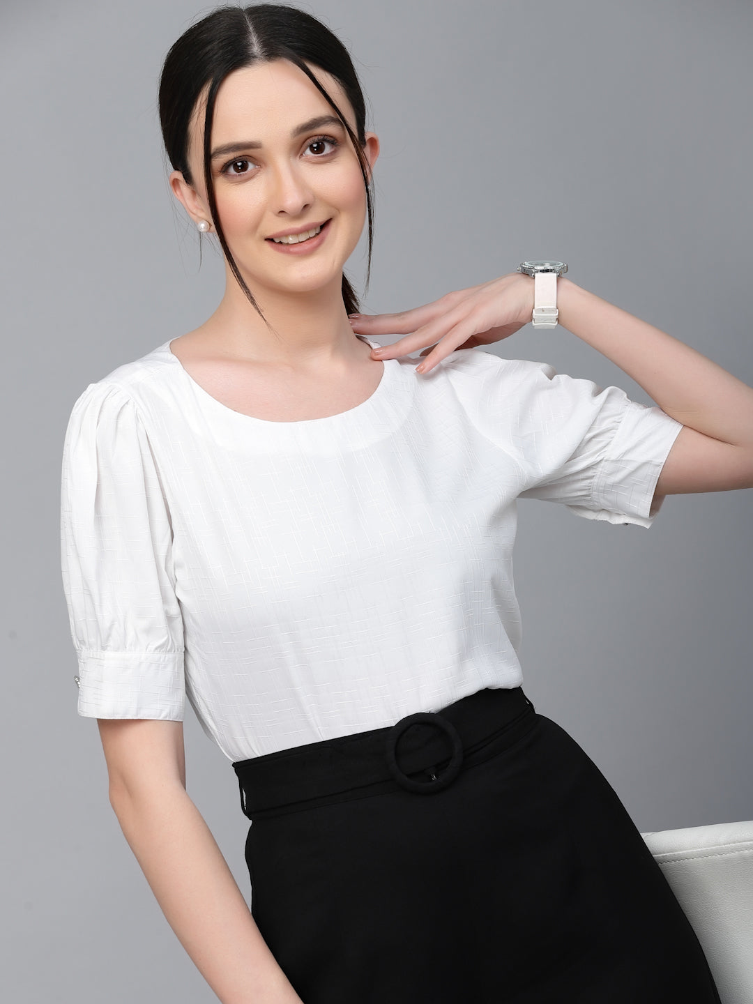 Style Quotient Women White Solid Polyester Regular Smart Casual Top-Tops-StyleQuotient