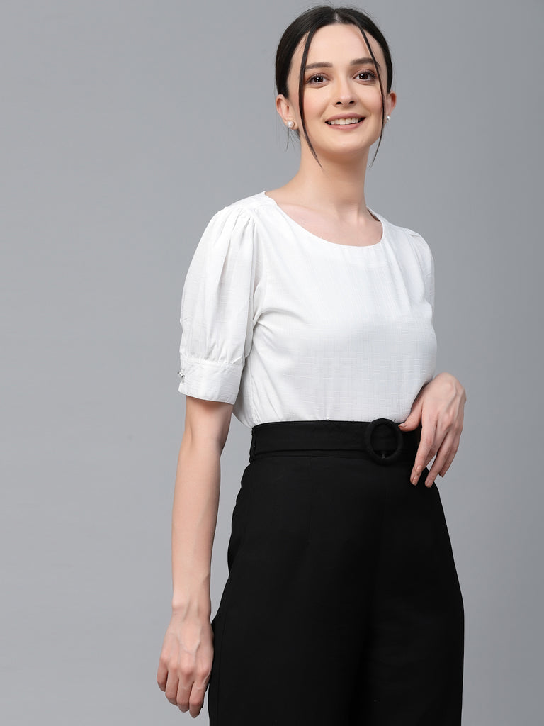 Style Quotient Women White Solid Polyester Regular Smart Casual Top-Tops-StyleQuotient