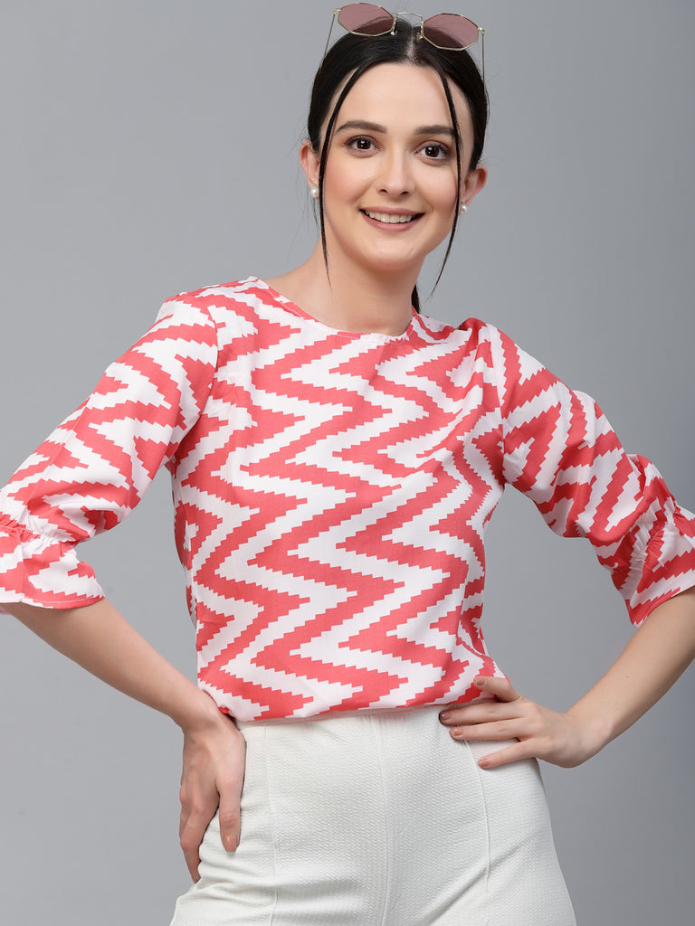 Style Quotient Women White And Coral Chevron Polyester Regular Smart Casual Top-Tops-StyleQuotient