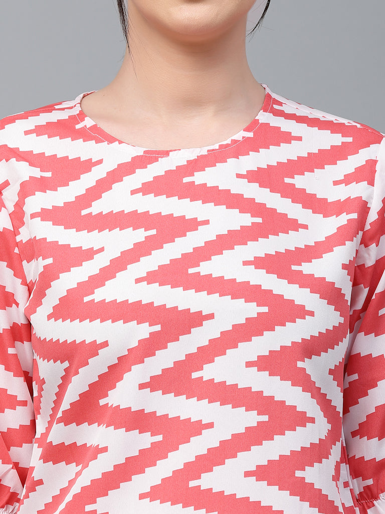 Style Quotient Women White And Coral Chevron Polyester Regular Smart Casual Top-Tops-StyleQuotient