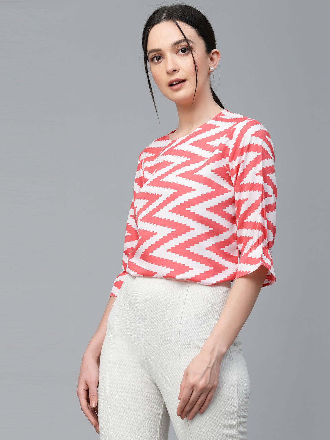 Style Quotient Women White And Coral Chevron Polyester Regular Smart Casual Top-Tops-StyleQuotient