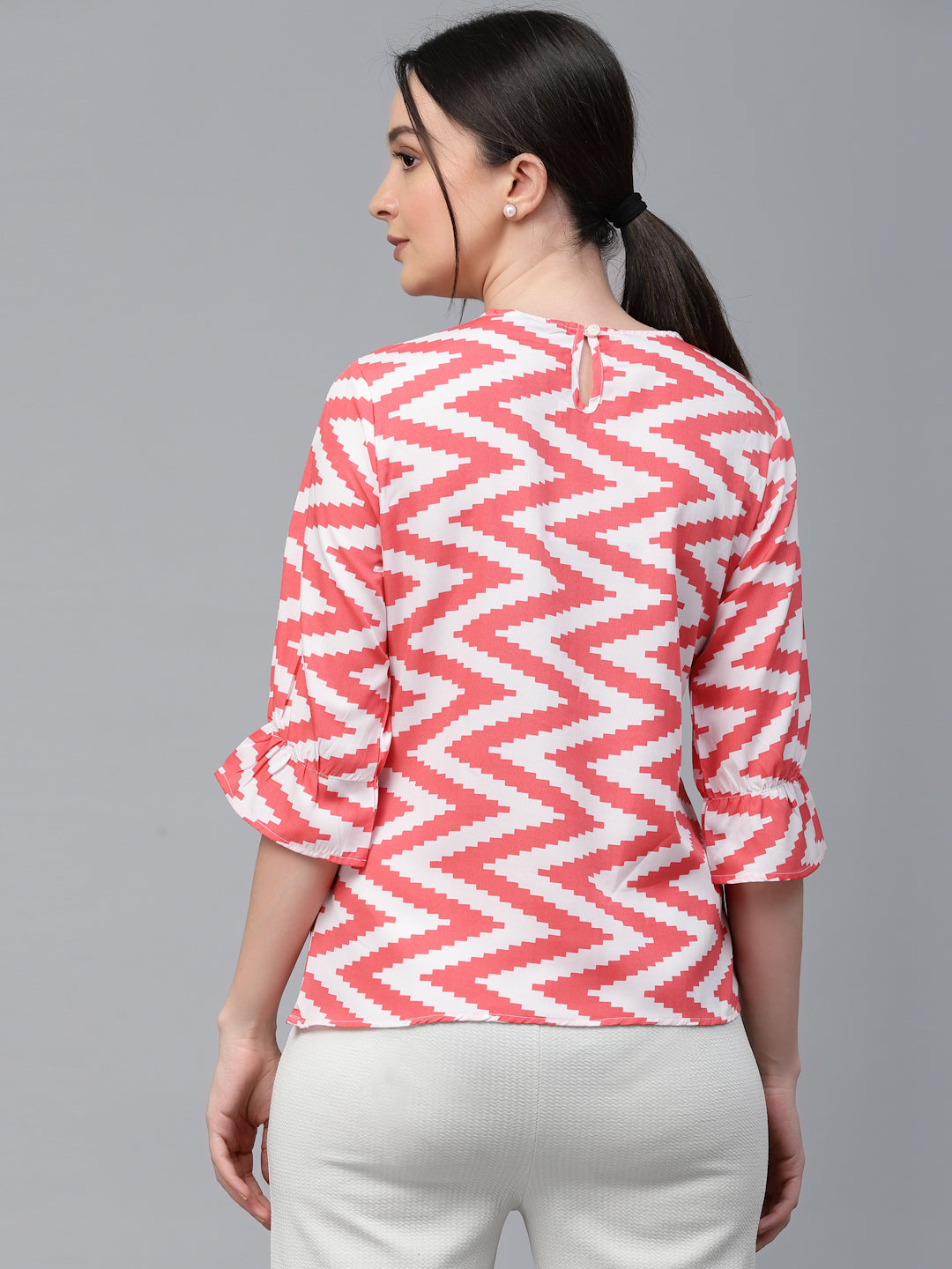 Style Quotient Women White And Coral Chevron Polyester Regular Smart Casual Top-Tops-StyleQuotient