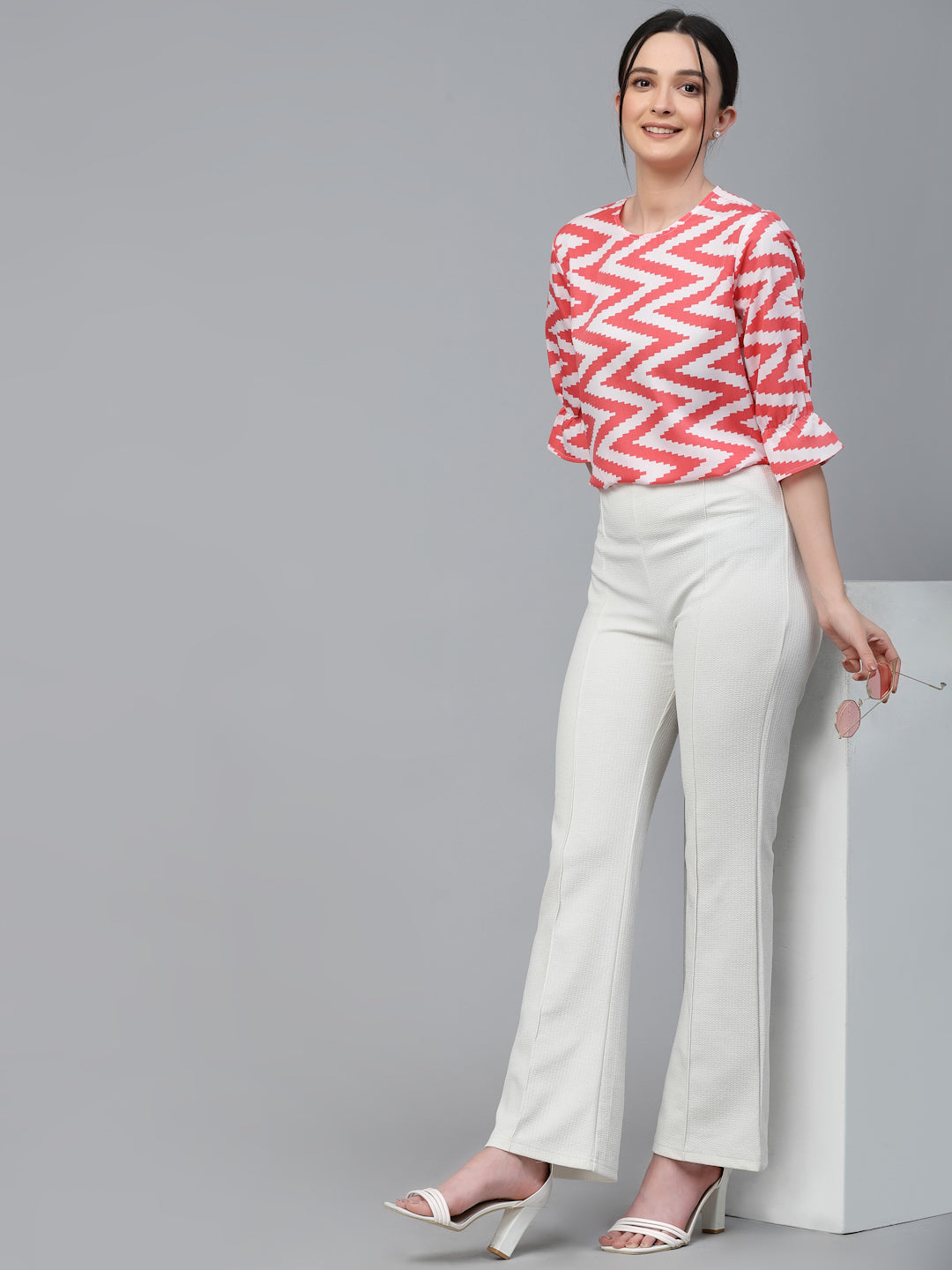 Style Quotient Women White And Coral Chevron Polyester Regular Smart Casual Top-Tops-StyleQuotient