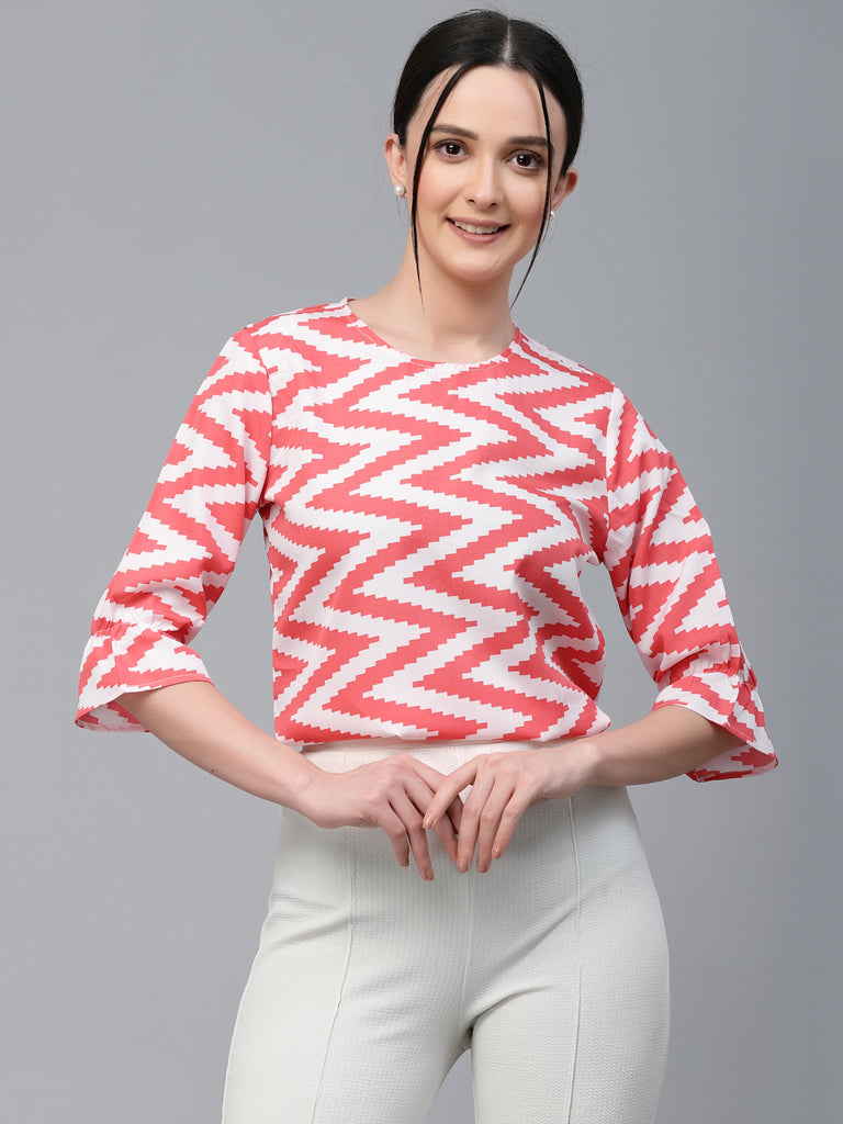 Style Quotient Women White And Coral Chevron Polyester Regular Smart Casual Top-Tops-StyleQuotient