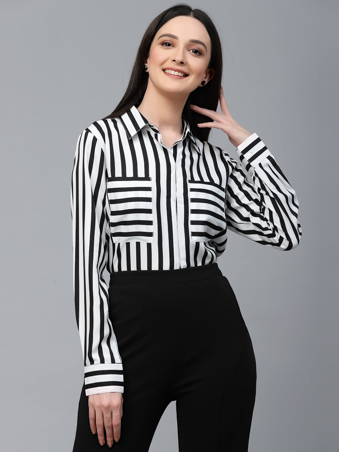 Style Quotient Women Black And White Stripe Polyester Regular Semi Formal Shirt-Shirts-StyleQuotient