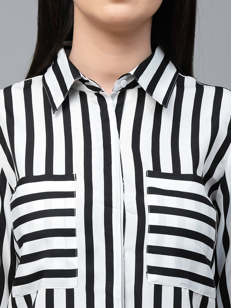 Style Quotient Women Black And White Stripe Polyester Regular Semi Formal Shirt-Shirts-StyleQuotient