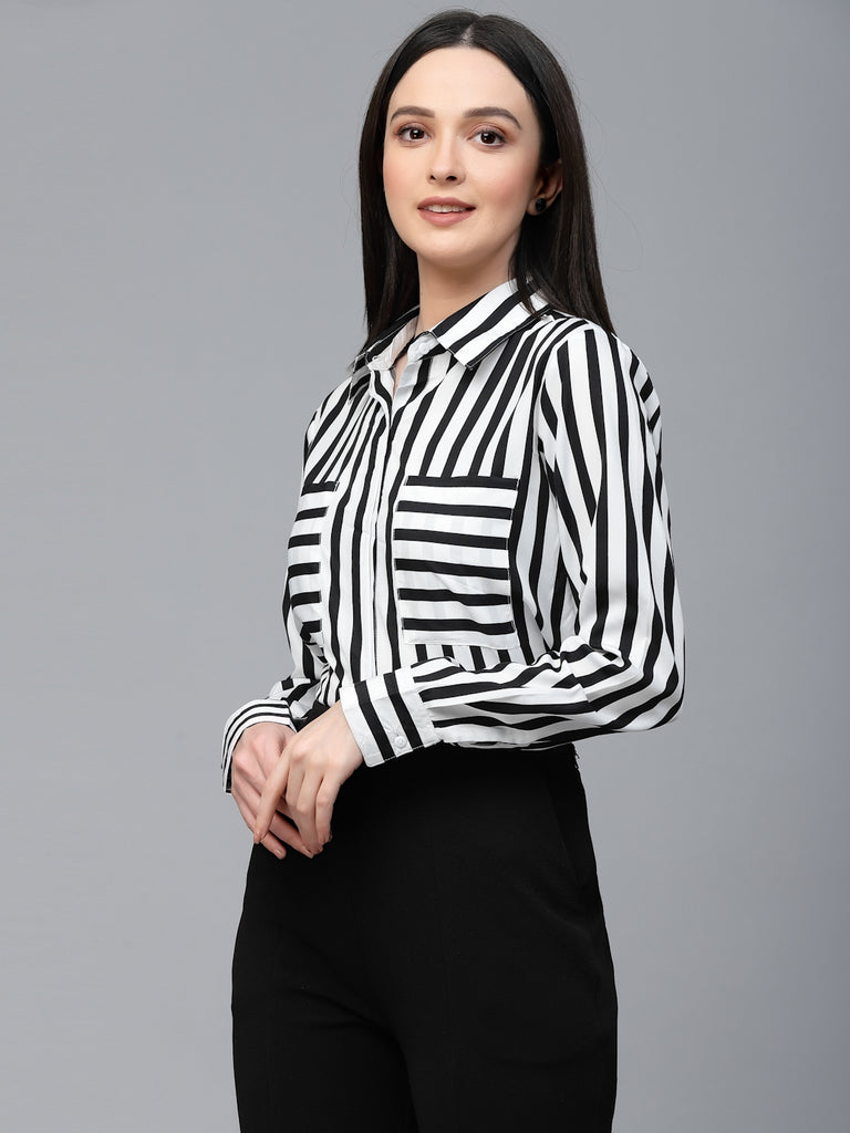 Style Quotient Women Black And White Stripe Polyester Regular Semi Formal Shirt-Shirts-StyleQuotient