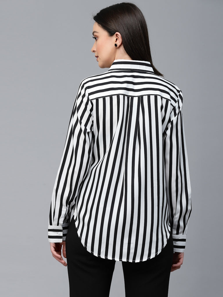 Style Quotient Women Black And White Stripe Polyester Regular Semi Formal Shirt-Shirts-StyleQuotient