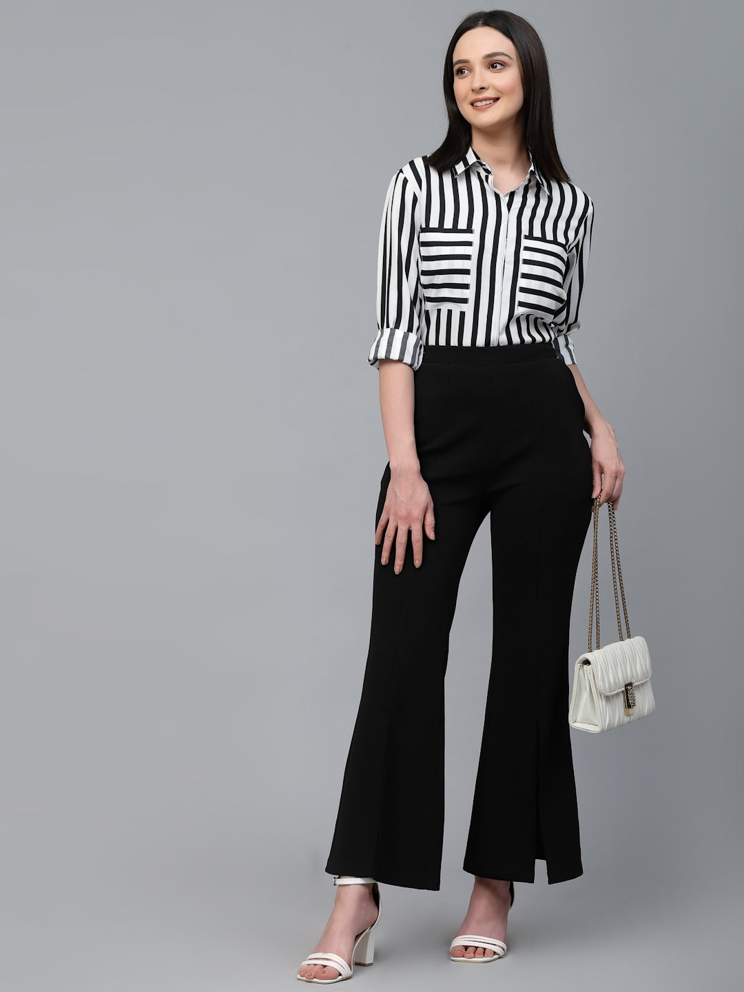 Style Quotient Women Black And White Stripe Polyester Regular Semi Formal Shirt-Shirts-StyleQuotient