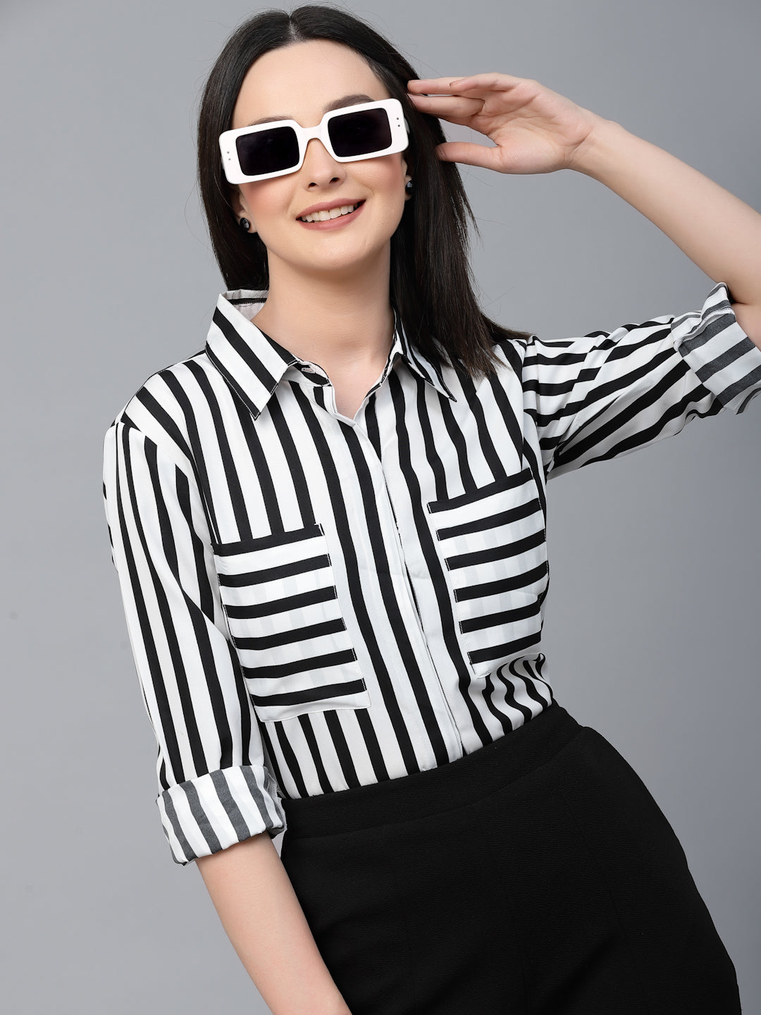 Style Quotient Women Black And White Stripe Polyester Regular Semi Formal Shirt-Shirts-StyleQuotient