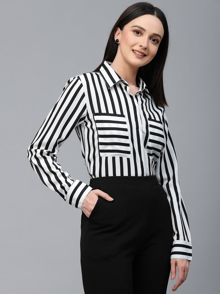 Style Quotient Women Black And White Stripe Polyester Regular Semi Formal Shirt-Shirts-StyleQuotient