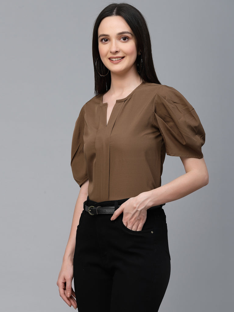 Style Quotient Women Brown Solid Polyester Regular Smart Casual Top-Tops-StyleQuotient