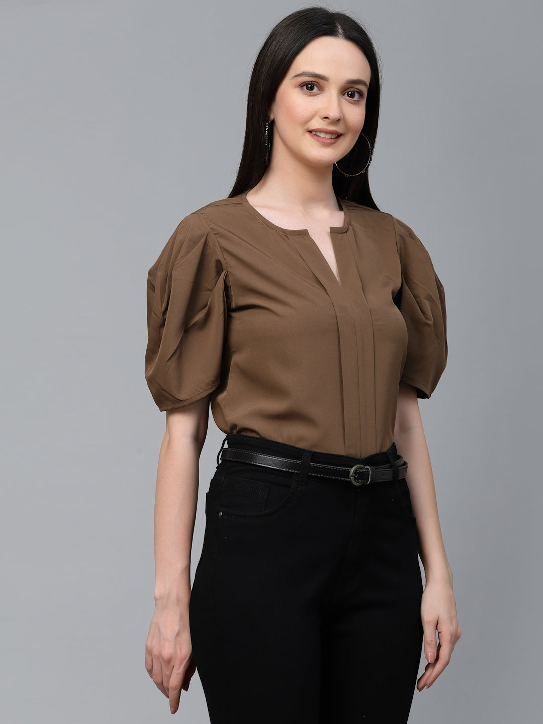 Style Quotient Women Brown Solid Polyester Regular Smart Casual Top-Tops-StyleQuotient