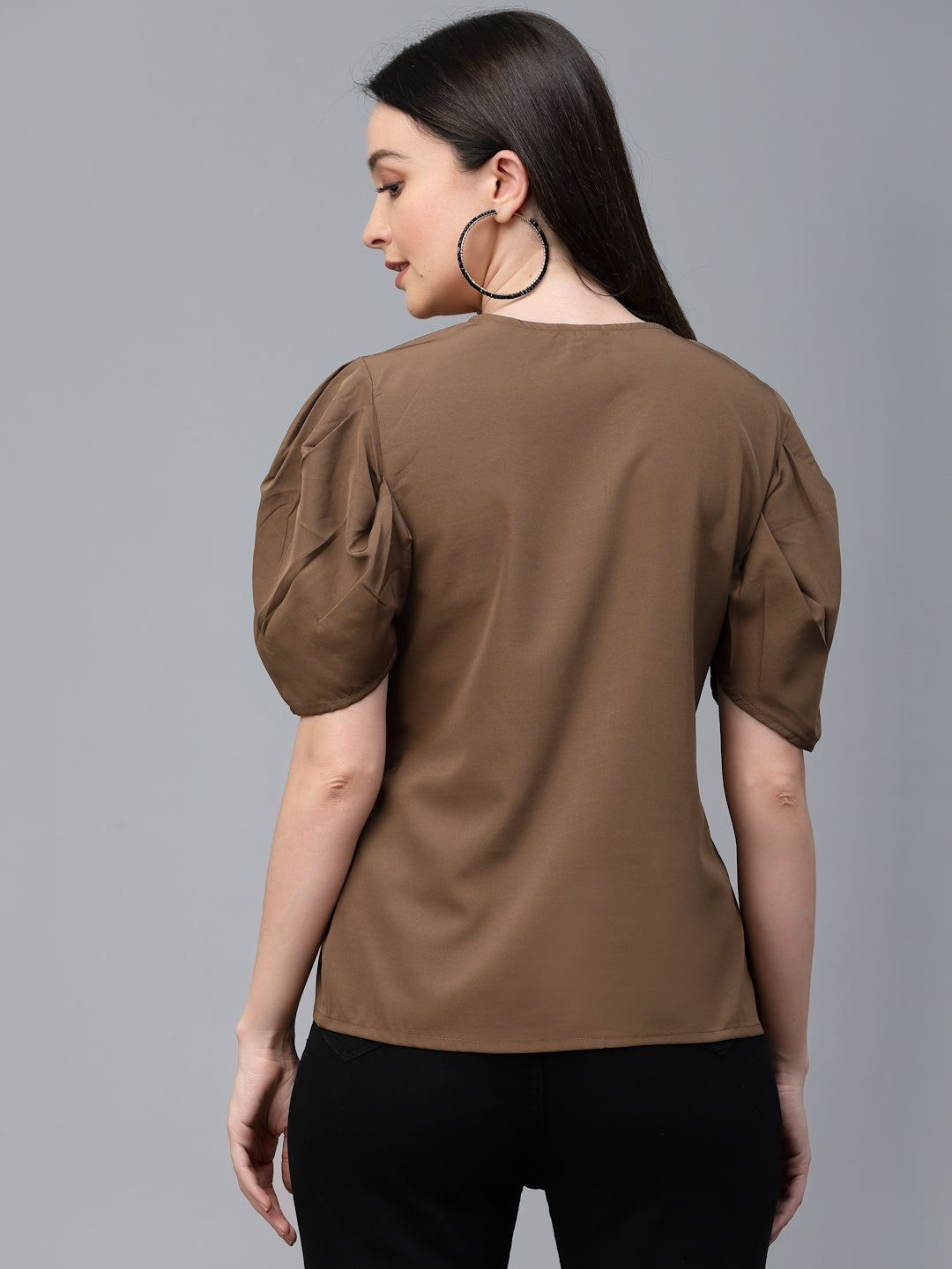 Style Quotient Women Brown Solid Polyester Regular Smart Casual Top-Tops-StyleQuotient