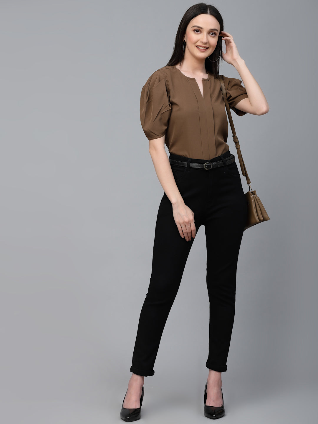 Style Quotient Women Brown Solid Polyester Regular Smart Casual Top-Tops-StyleQuotient