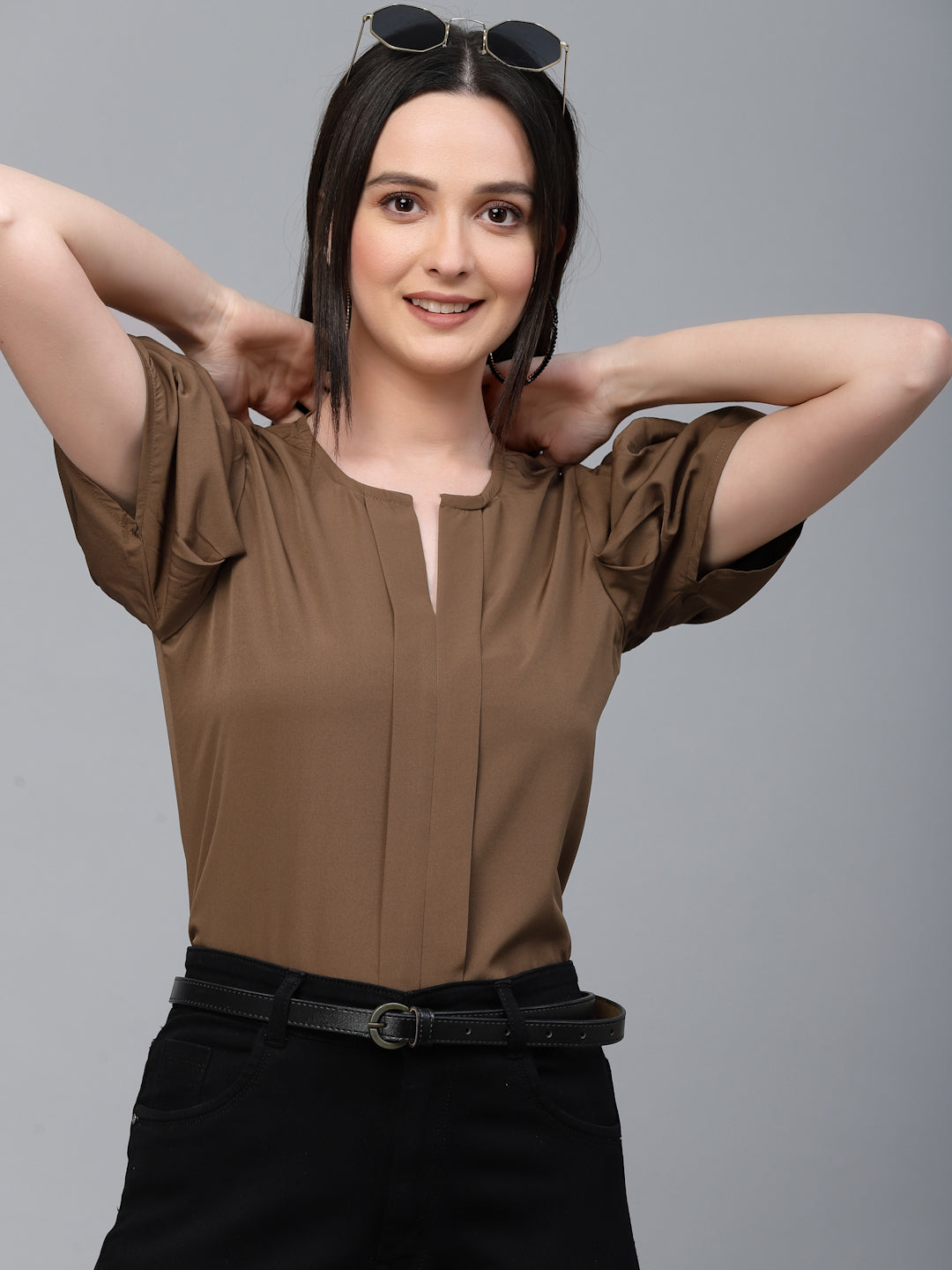 Style Quotient Women Brown Solid Polyester Regular Smart Casual Top-Tops-StyleQuotient