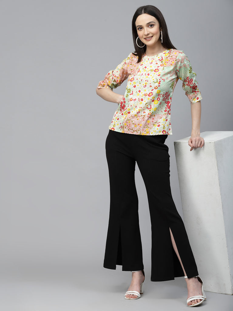 Style Quotient Women Peach And Multi Floral Polyester Regular Smart Casual Top-Tops-StyleQuotient