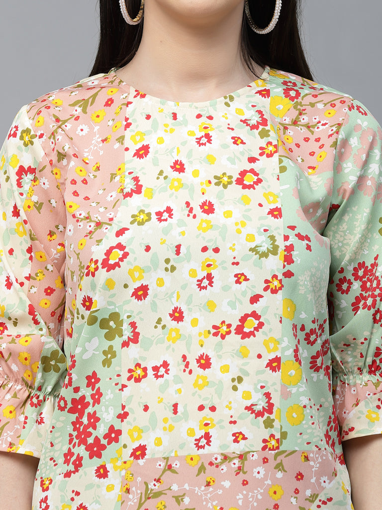 Style Quotient Women Peach And Multi Floral Polyester Regular Smart Casual Top-Tops-StyleQuotient