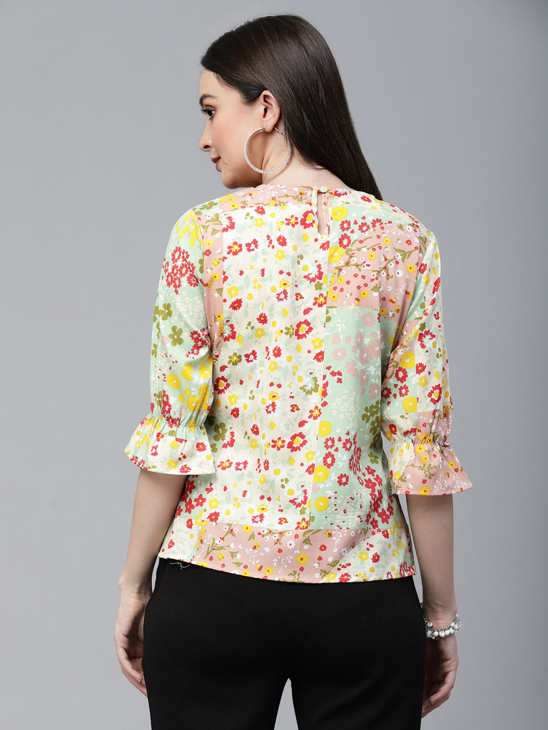 Style Quotient Women Peach And Multi Floral Polyester Regular Smart Casual Top-Tops-StyleQuotient