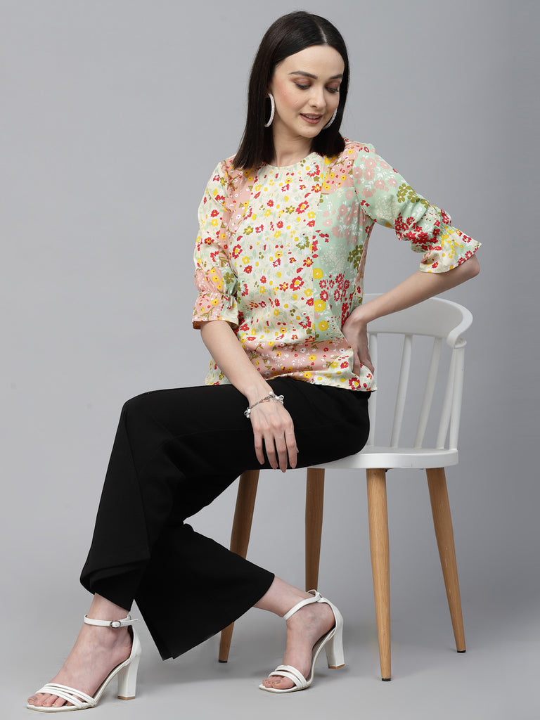 Style Quotient Women Peach And Multi Floral Polyester Regular Smart Casual Top-Tops-StyleQuotient