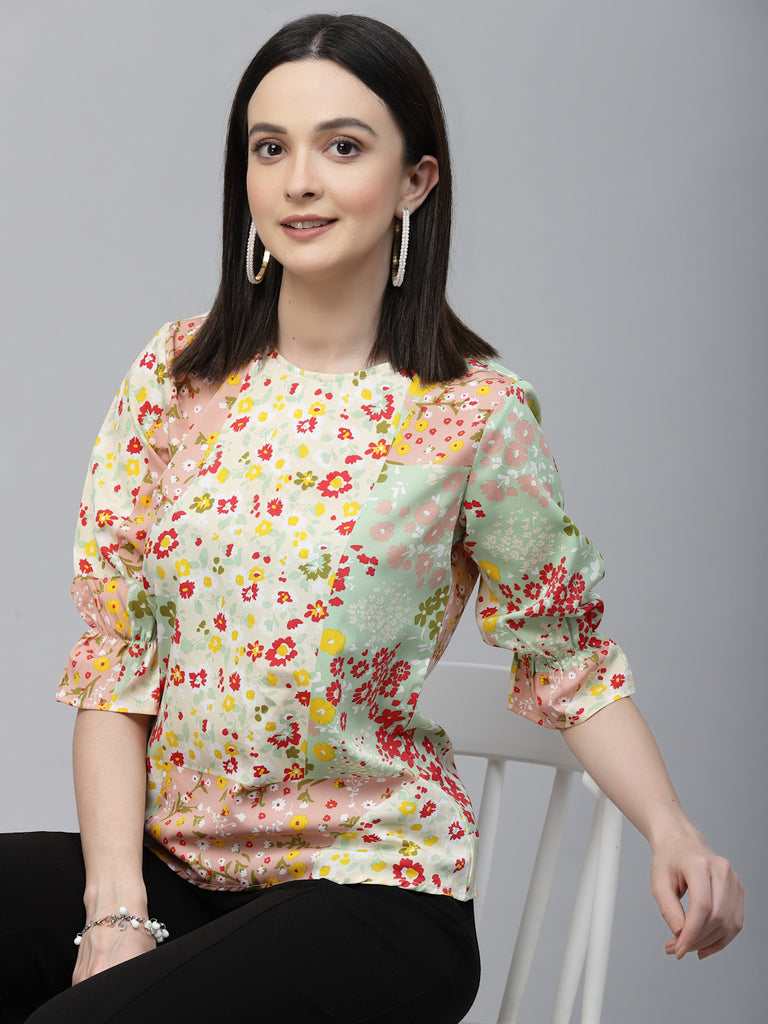 Style Quotient Women Peach And Multi Floral Polyester Regular Smart Casual Top-Tops-StyleQuotient