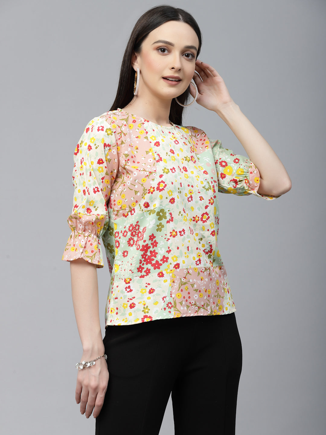 Style Quotient Women Peach And Multi Floral Polyester Regular Smart Casual Top-Tops-StyleQuotient