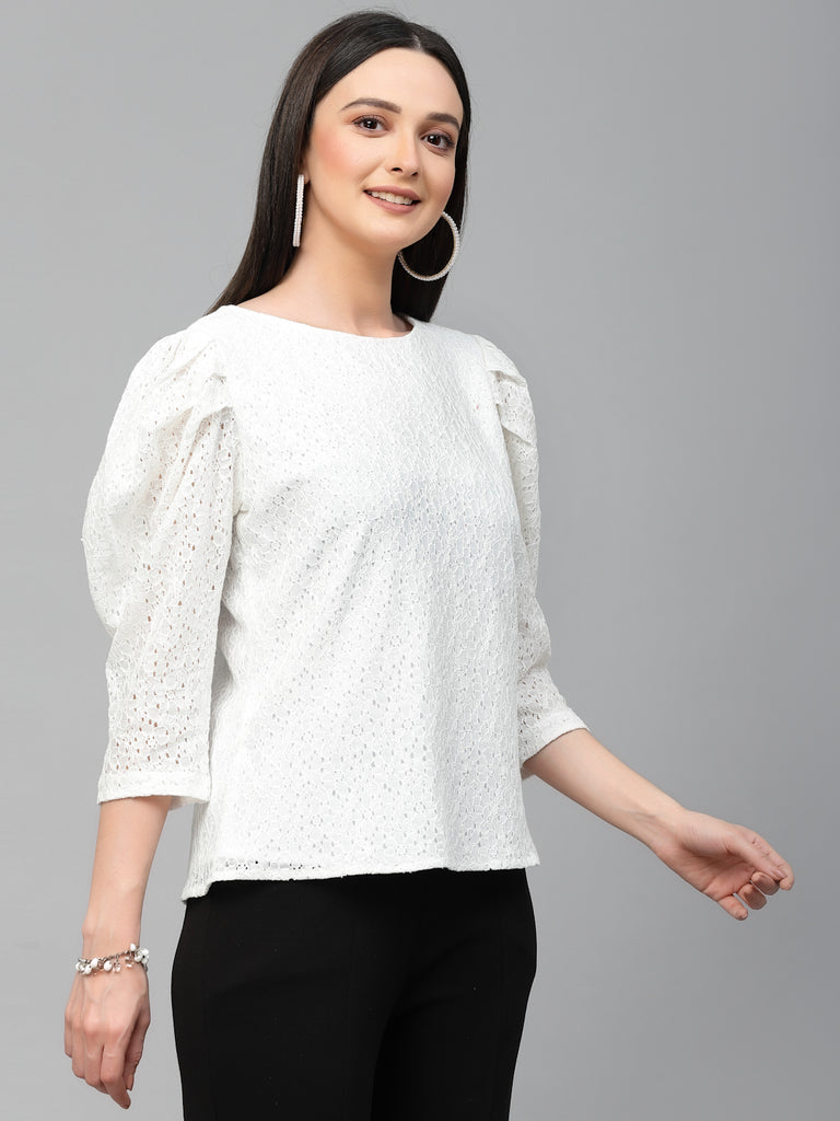 Style Quotient Women White Self Design Floral Lace Regular Smart Casual Top-Tops-StyleQuotient