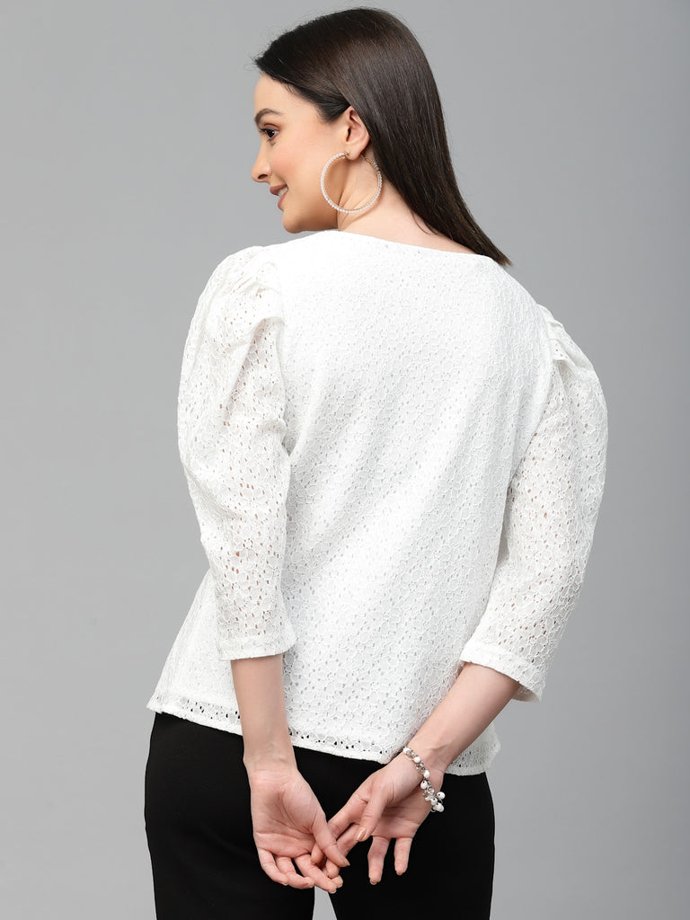 Style Quotient Women White Self Design Floral Lace Regular Smart Casual Top-Tops-StyleQuotient