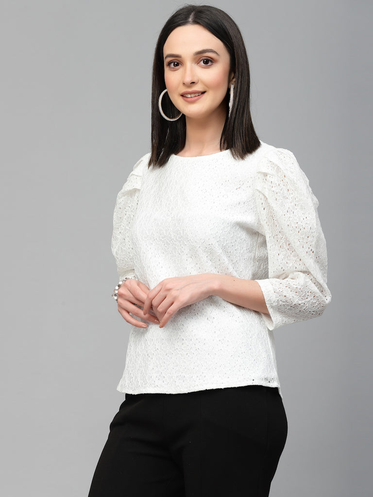 Style Quotient Women White Self Design Floral Lace Regular Smart Casual Top-Tops-StyleQuotient