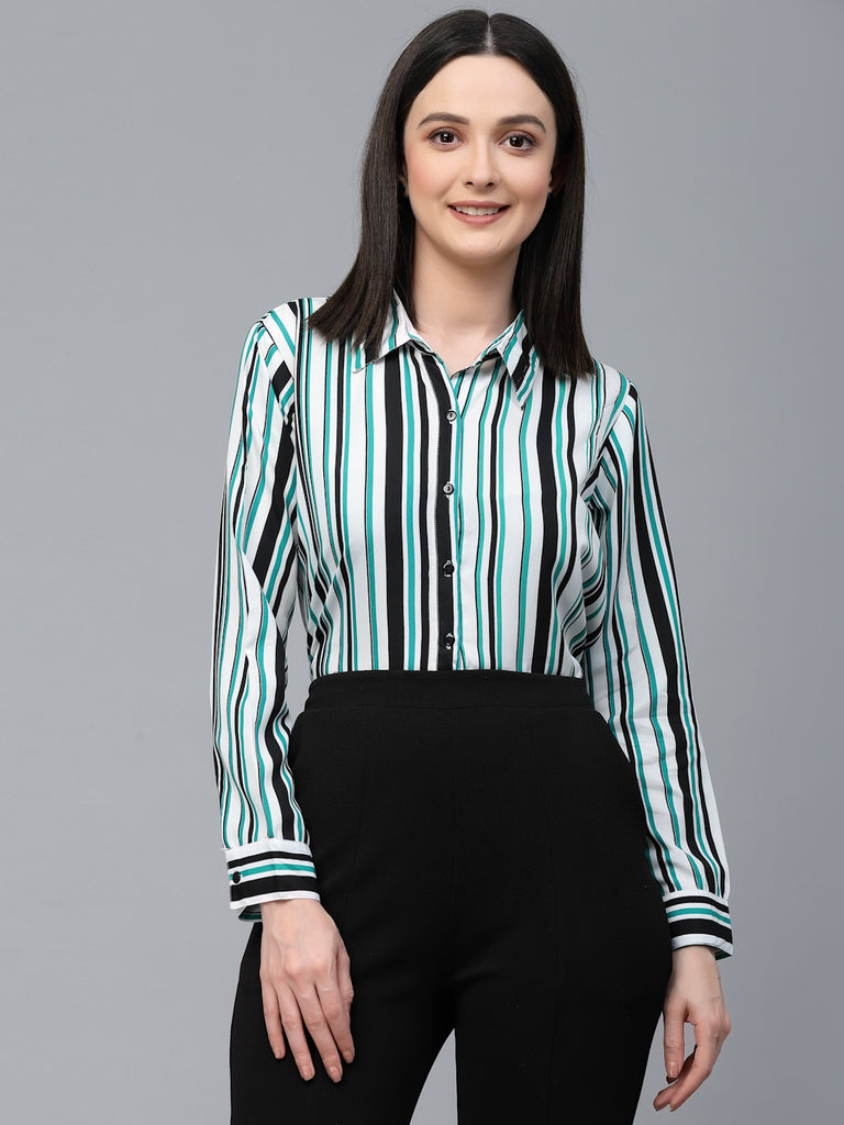 Style Quotient Women White And Green Stripe Polyester Regular Smart Casual Shirt-Shirts-StyleQuotient