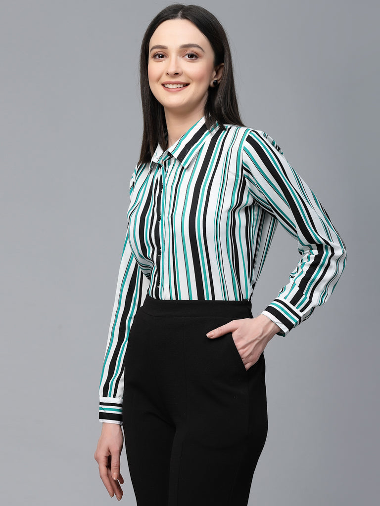 Style Quotient Women White And Green Stripe Polyester Regular Smart Casual Shirt-Shirts-StyleQuotient