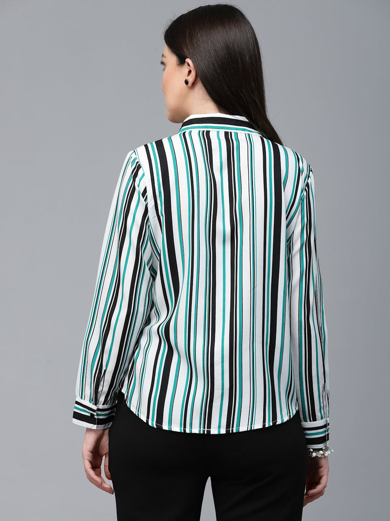 Style Quotient Women White And Green Stripe Polyester Regular Smart Casual Shirt-Shirts-StyleQuotient