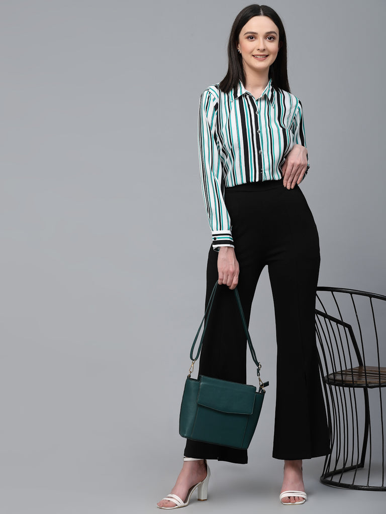 Style Quotient Women White And Green Stripe Polyester Regular Smart Casual Shirt-Shirts-StyleQuotient