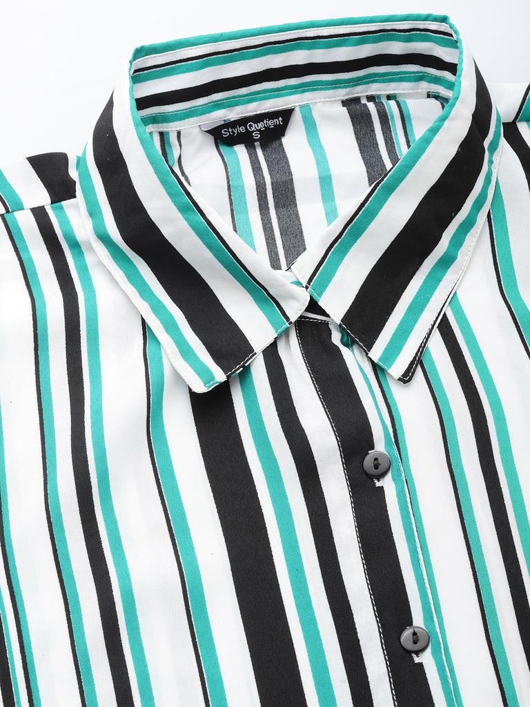 Style Quotient Women White And Green Stripe Polyester Regular Smart Casual Shirt-Shirts-StyleQuotient