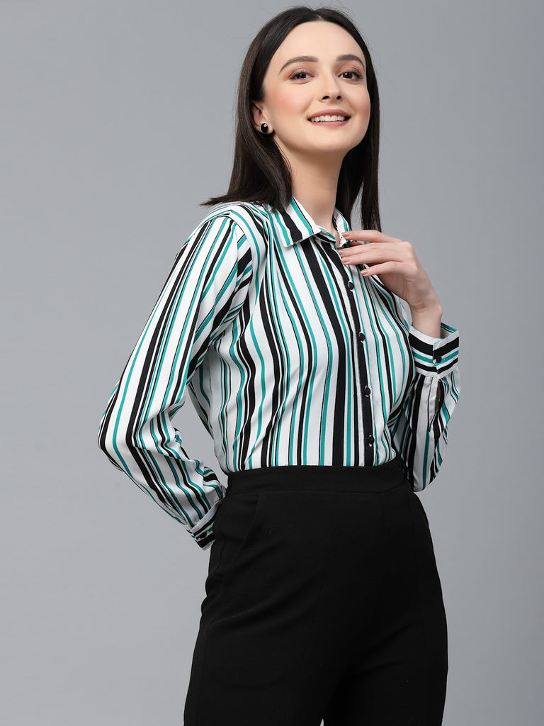 Style Quotient Women White And Green Stripe Polyester Regular Smart Casual Shirt-Shirts-StyleQuotient