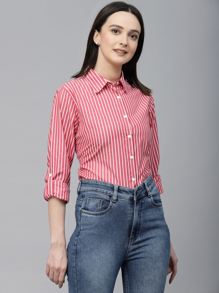 Style Quotient Women Red And White Stripe Polycotton Regular Formal Shirt-Shirts-StyleQuotient